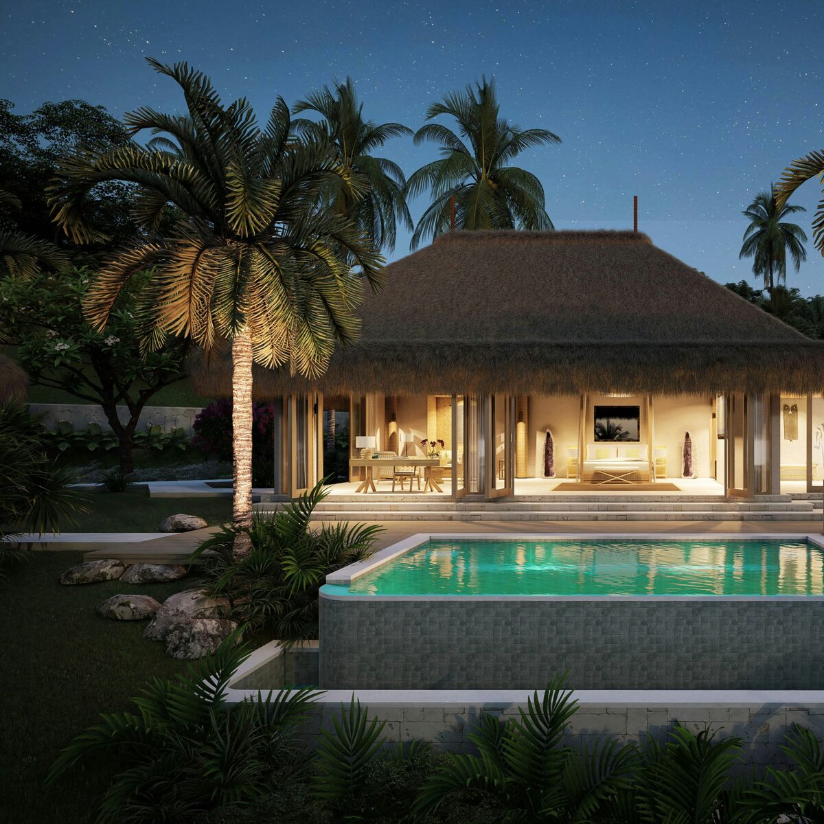Villa tropicale avec piscine au crepuscule, annonces immobilieres a l etranger sur Full Annonces