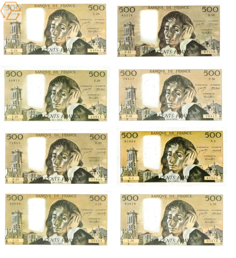 F 71 lot de 8 billets 500 f pascal SPL  NEUFS - Full Annonces